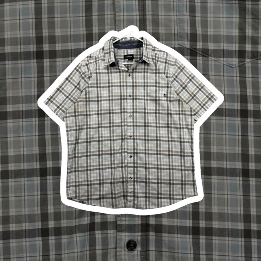 Marmot Eldridge Short Sleeve Plaid Shirt Mens XL Glacier Grey Sleet Button Down